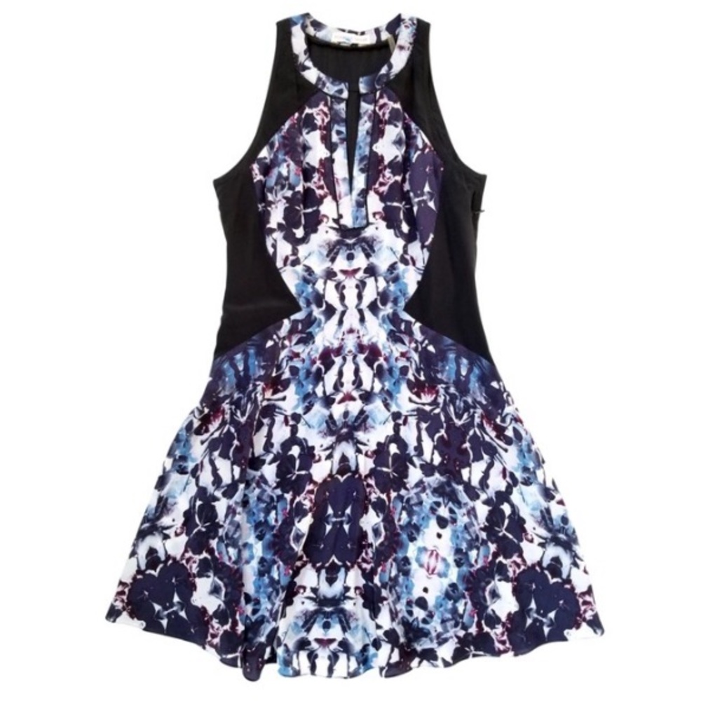 Rebecca Taylor Black and Floral Fit Paneled Silk Short Casual Dress